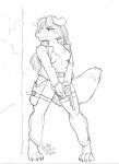  2023 anthro breasts canid canine canis claws clothed clothing coat domestic_dog female frown fur gun hair handgun hi_res holding_object holster mammal monochrome multi_breast nipples open_clothing open_coat open_topwear outside ranged_weapon revolver rick_griffin solo topwear weapon 