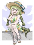  1girl bare_legs bare_shoulders blush bow braid breasts cleavage commission crossed_legs dress glasses green-framed_eyewear green_hair hat hat_bow highres kemono_friends kemono_friends_3 leaf_print lizard_tail long_hair multicolored_hair official_alternate_costume over-rim_eyewear reptile_girl sandals semi-rimless_eyewear sitting skeb_commission sleeveless solo spaghetti_strap spectacled_caiman_(kemono_friends) sun_hat syumo tail twin_braids white_dress white_footwear 