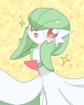  +_+ 1girl absurdres artist_name blush bob_cut commentary_request cowboy_shot gardevoir green_hair hair_between_eyes hands_on_own_cheeks hands_on_own_face hands_up happy highres looking_at_viewer meru_(mer_milky77) open_mouth outline pokemon pokemon_(creature) red_eyes short_hair signature smile solo sparkle standing star_(symbol) starry_background twitter_username white_outline yellow_background 