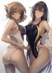  2girls ass black_hair black_one-piece_swimsuit breasts brown_hair competition_swimsuit covered_navel cowboy_shot green_eyes highleg highleg_swimsuit highres kantai_collection kasumi_(skchkko) large_breasts legs long_hair looking_at_viewer multicolored_clothes multicolored_swimsuit multiple_girls mutsu_(kancolle) nagato_(kancolle) one-piece_swimsuit red_eyes short_hair swimsuit wet wet_clothes wet_swimsuit white_background white_one-piece_swimsuit 