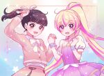  2girls aikatsu! aikatsu!_(series) aikatsu_planet! blonde_hair blush brown_eyes brown_hair dress dual_persona hana_(aikatsu_planet!) hirounp holding_hands long_hair multicolored_hair multiple_girls open_mouth otoha_mao pink_dress pink_eyes pink_hair ponytail puffy_short_sleeves puffy_sleeves school_uniform seirei_private_high_school_uniform short_sleeves smile streaked_hair very_long_hair wrist_cuffs 