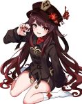  1girl :d black_headwear black_jacket black_nails black_shorts brown_hair floating_hair flower genshin_impact hat hat_flower hu_tao_(genshin_impact) jacket lapis_(gulala375) long_hair long_sleeves looking_at_viewer nail_polish open_mouth red_eyes red_flower red_shirt shirt short_shorts shorts simple_background sitting sleeves_past_wrists smile socks solo symbol-shaped_pupils thigh_gap very_long_hair wariza white_background white_socks 