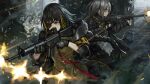  2girls artist_request black_hair black_jacket black_ribbon black_skirt blonde_hair braid brown_eyes brown_hair closed_mouth eyepatch fingerless_gloves firing game_cg girls&#039;_frontline gloves gun h&amp;k_ump hair_between_eyes holding holding_gun holding_weapon jacket light_frown long_hair m16a1 m16a1_(girls&#039;_frontline) mole mole_under_eye multicolored_hair multiple_girls muzzle_flash neck_ribbon necktie official_art pantyhose red_necktie ribbon scar scar_across_eye scar_on_face serious shell_casing shirt single_braid skirt standing streaked_hair submachine_gun torn_clothes torn_jacket torn_pantyhose ump45_(girls&#039;_frontline) weapon white_shirt yellow_eyes yellow_shirt 