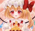  1girl :d ascot blonde_hair blush bow crystal doily fang flandre_scarlet happy hat hat_bow heart heart_hands looking_at_viewer marker_(medium) mob_cap one_side_up pink_background red_bow red_eyes red_vest short_hair_with_long_locks simple_background skin_fang smile solo touhou traditional_media upper_body vest wings yellow_ascot yuuki_hana_(jtnp5334) 
