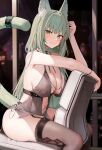  1girl animal_ear_fluff animal_ears arknights blush bracelet breasts cat_ears cat_girl cleavage earrings extra_ears feet_out_of_frame garter_straps green_eyes green_hair grey_shirt grey_thighhighs hair_ornament hairclip hand_up harmonie_(arknights) highres indoors jewelry large_breasts long_hair looking_at_viewer navel night open_clothes open_shirt paid_reward_available ru_zhai shirt sitting sleeveless sleeveless_shirt smile solo spaghetti_strap tail tail_ornament tail_ring thighhighs very_long_hair window 