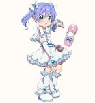  1girl blue_eyes blue_hair blush bow c02_lemon cosplay cure_white cure_white_(cosplay) dress earrings futari_wa_precure hair_bow heart heart_earrings highres jewelry long_hair nijisanji pouch precure smile solo twintails virtual_youtuber white_arm_warmers white_bow white_dress white_footwear white_leg_warmers yuuki_chihiro 