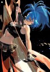  1girl ammunition_belt bare_shoulders black_background black_gloves black_tank_top blue_eyes blue_hair closed_mouth cofffee earrings gloves jewelry leona_heidern midriff ponytail sleeveless snk soldier solo tank_top the_king_of_fighters the_king_of_fighters_xiii triangle_earrings 