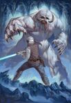  1boy 1other artist_name artist_request belt blue_lightsaber brown_belt brown_vest cave_interior energy_sword facing_away gloves grey_pants highres holding_lightsaber ice lightsaber monster pants shirt star_wars sword vest wampa watermark weapon white_gloves white_headwear white_shirt 