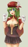  1girl :d areola_slip belt blue_eyes blush bow breasts brown_belt brown_dress cabbie_hat cape cleavage clenched_hands commentary_request cowboy_shot creator_(ragnarok_online) dress gloves green_hair grey_background hair_between_eyes hair_bow hat large_breasts long_hair looking_at_viewer medium_bangs navel open_mouth pleated_dress plunging_neckline ragnarok_online red_bow red_cape red_headwear round_teeth shiny_skin short_dress sideways_hat simple_background smile solo strapless strapless_dress teeth upper_teeth_only uzuki_kouta white_gloves 