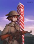  1girl absurdres artstation_sample brown_eyes brown_hair character_request cold_war drawing grzegorz1996 highres image_sample kalashnikov_rifle military military_uniform poland polish_army soldier uniform 