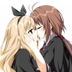  2girls antenna_hair aroused asagi_nanami black_capelet black_ribbon blonde_hair blush breast_press breasts brown_eyes brown_hair capelet close-up closed_eyes commentary_request eyebrows_hidden_by_hair eyelashes french_kiss from_side hair_between_eyes hair_ribbon hand_on_another&#039;s_cheek hand_on_another&#039;s_face highres kiss large_breasts long_hair looking_at_another low_ponytail multiple_girls necktie parted_lips profile red_necktie ribbon saliva school_uniform sidelocks simple_background tsui_no_sora_(remake) wakatsuki_kotomi white_background yokoyama_yasuko yuri 