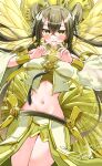  1girl absurdres angel_wings black_hair blush breasts cowboy_shot crop_top detached_sleeves duel_monster hair_bun heart heart_hands highres looking_at_viewer medium_breasts midriff miniskirt navel ohime_the_manifested_mikanko puffy_sleeves skirt smile solo thighs twintails wings ya-man yellow_eyes yu-gi-oh! 