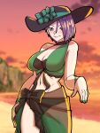  1girl :&gt; alternate_costume bare_shoulders beach bikini black_bikini black_bow black_choker black_headwear bow bracelet breasts choker cleavage closed_mouth cloud cowboy_shot english_commentary fingernails fire_emblem fire_emblem:_three_houses gradient_sky green_bikini green_nails hair_between_eyes hat highres jewelry large_breasts legs_apart mnejing30 nail_polish navel orange_sky outdoors purple_eyes purple_hair purple_sky sarong see-through see-through_sarong shamir_nevrand short_hair sky smile solo standing sun_hat swimsuit twilight two-tone_bikini 