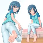  1girl aqua_eyes aqua_shirt ass barefoot blue_pants braid breasts collarbone delicious_party_precure eyelashes feet foot_out_of_frame foot_up foreshortening from_behind full_body fuwa_kokone hair_ornament hairclip highres hinosaki knees_together_feet_apart leaning_forward legs looking_at_viewer looking_back multiple_views pants precure sandals shadow shirt short_sleeves simple_background sitting small_breasts soles standing swept_bangs thighs toenails toes watch white_background wristwatch 