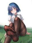  1girl absurdres black_ribbon blue_hair blush bocchi_the_rock! breasts brown_pantyhose closed_mouth collared_shirt feet fine_fabric_emphasis foot_focus foot_out_of_frame grass highres large_breasts legs looking_at_viewer marc09 medium_hair mole mole_under_eye neck_ribbon no_shoes on_grass panties panties_under_pantyhose pantyhose ribbon school_uniform see-through see-through_legwear shimokitazawa_high_school_uniform shirt short_sleeves sitting soles solo thighband_pantyhose toenails toes underwear white_panties white_shirt yamada_ryo yellow_eyes 