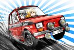  2girls :d animal_ears black_hair blonde_hair car castrol commentary_request english_text fiat fiat_126 hat highres kaban_(kemono_friends) kaito_(stop404man) kemono_friends motor_vehicle multiple_girls open_mouth red_car scared serval_(kemono_friends) short_hair smile sweat vehicle_focus white_headwear 