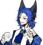  1boy animal_ears ascot blue_ascot blue_hair blue_jacket blue_nails chesed_(project_moon) claw_pose collared_shirt cup dog_ears grin holding holding_cup jacket lobotomy_corporation long_sleeves medium_hair mug nishikujic project_moon shirt sidelocks smile solo upper_body white_shirt yellow_eyes 