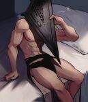  1boy abs bara bed edith_lanzhen helmet highres large_pectorals male_focus muscular muscular_male navel nipples pectorals pillow pyramid_head silent_hill_(series) silent_hill_2 sitting solo thighs twitter_username 