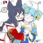  2girls ahri_(league_of_legends) animal_ears bare_shoulders blue_hair blush bow braid breasts commentary_request facial_mark fox_ears hair_bow hatching_(texture) heart holding_hands korea korean_commentary large_breasts league_of_legends light_blue_hair lolboja long_hair low_neckline multiple_girls signature simple_background slit_pupils sona_(league_of_legends) speech_bubble tail tongue tongue_out twintails upper_body whisker_markings white_background yellow_eyes 