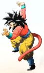  1boy black_hair blue_sash body_fur dragon_ball dragon_ball_gt highres long_hair looking_at_viewer male_focus monkey_boy monkey_tail muscular muscular_male pants red_fur saiyan sash solo son_goku spiked_hair super_saiyan super_saiyan_4 super_saiyan_god tail tomo_db_suki 