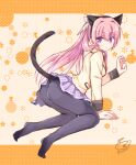  1girl :o animal_ears arm_support ass black_pantyhose blush cat_ears cat_tail claw_pose commentary_request curvy eyes_visible_through_hair fake_animal_ears fake_tail floating_hair from_side full_body grey_skirt hair_between_eyes hair_intakes hair_over_shoulder hairband hand_up jacket kneeling long_hair looking_at_viewer miniskirt mitsukasa_ayase no_shoes open_mouth orange_background panties panties_under_pantyhose pantyhose pink_hair plaid plaid_skirt pleated_skirt purple_eyes riddle_joker school_uniform signature simple_background skirt solo star_(symbol) tail tail_raised thighs twitter_username underwear usetsusakon2 very_long_hair wing_hair_ornament yellow_jacket 
