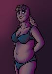  absurd_res anthro bangs belly bra bulge clothing curvy_anthro curvy_body curvy_female curvy_figure ear_piercing eye_contact female floppy_ears hi_res lagomorph leporid long_ears looking_at_another mammal navel piercing rabbit solo underwear 