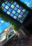  absurdres berry blue_sky building bush ceiling clothes cloud cloudy_sky glass glass_ceiling highres industrial_pipe lead_pipe no_humans open_window original outdoors pei_(sumurai) plant potted_plant scenery sky vines wall window windowsill wire 