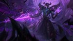  1boy absurdres arm_blade armor blurry blurry_background deiv_calviz fake_horns fighting_stance foot_out_of_frame gloves glowing glowing_eyes helmet highres horned_headwear horned_helmet horns kassadin league_of_legends magic male_focus monster official_art outdoors purple_armor purple_background purple_gloves purple_headwear shoulder_armor solo standing underground weapon yellow_eyes 