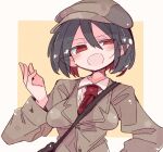  1girl black_hair blush brown_headwear brown_jacket buttons collared_shirt ears_visible_through_hair hair_between_eyes hat jacket long_sleeves massakasama necktie open_mouth pointy_ears red_eyes red_necktie shameimaru_aya shameimaru_aya_(newsboy) shirt short_hair solo touhou upper_body white_shirt 