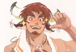 1boy animal_ears bara blush brown_eyes brown_hair cow_boy cow_ears cow_horns dark-skinned_male dark_skin dichuan_(arriverw) eye_black facial_hair feather_necklace forked_eyebrows glowing_horns goatee highres horns jewelry laughing looking_at_viewer male_focus necklace pointing pointing_at_self short_hair sketch solo spiked_hair thick_eyebrows tokyo_afterschool_summoners towel towel_around_neck wakan_tanka wakan_tanka_(fashionista_swimsuit) 