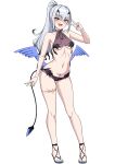  1girl bare_shoulders bikini black_bikini breasts dragon_wings fate/grand_order fate_(series) forked_eyebrows full_body high_ponytail highres long_hair looking_at_viewer melusine_(fate) melusine_(swimsuit_ruler)_(fate) muta_poo navel open_mouth pubic_tattoo sandals sidelocks small_breasts smile solo swimsuit tail tattoo thighlet v white_hair wings yellow_eyes 