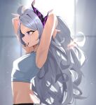  1girl ahoge armpits blue_archive breasts commentary_request demon_girl demon_horns grey_hair grey_sports_bra hair_ornament highres hina_(blue_archive) horns long_hair mansu_(user_pnmp4287) purple_eyes small_breasts sports_bra very_long_hair white_hair 