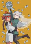  2girls absurdres ahoge aqua_eyes asticassia_school_uniform black_footwear black_hairband blue_flower blush boots bouquet cowboy_shot dou_(mame_eee) flower green_jacket green_shorts grey_eyes grey_hair gundam gundam_suisei_no_majo hair_between_eyes hair_flower hair_ornament hairband hand_on_another&#039;s_shoulder hand_on_another&#039;s_waist high_heel_boots high_heels highres holding holding_bouquet jacket long_hair long_sleeves looking_at_viewer low_ponytail miorine_rembran multi-tied_hair multiple_girls open_mouth pantyhose red_hair school_uniform short_hair_with_long_locks shorts shoulder_boards simple_background smile suletta_mercury thick_eyebrows white_jacket white_shorts wide-eyed wife_and_wife yellow_background yuri 