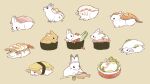  animal_focus artist_name brown_rabbit chef closed_eyes fish_(food) food food_focus hachimaki headband ikura_(food) looking_at_viewer lying nejiri_hachimaki no_humans original rabbit salmon simple_background sushi white_rabbit_(animal) yurano_(upao) 