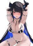  1girl absurdres animal_ears animal_print arm_strap armpits arms_up bell bikini black_choker black_hair blue_hair breasts choker cleavage colored_inner_hair cow_ears cow_print cow_print_bikini cowbell eyewear_on_head halterneck highres hololive hololive_english horns large_breasts long_hair looking_at_viewer mole mole_under_eye multicolored_hair navel nerissa_ravencroft otapic parted_lips print_bikini red_eyes side-tie_bikini_bottom sitting solo stomach string_bikini sunglasses swimsuit thigh_strap thighs two-tone_hair v-shaped_eyebrows very_long_hair virtual_youtuber water wet 