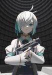  1girl ahoge blue_eyes blue_nails character_request copyright_request gun hair_over_one_eye handgun highres kawara_pigeon reloading shadow short_hair solo trigger_discipline weapon weapon_request white_hair 