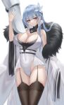  1girl absurdres azur_lane bare_shoulders black_thighhighs blue_hair blunt_bangs breasts cleavage coat covered_navel flower fur-trimmed_coat fur_trim garter_straps hair_flower hair_ornament hand_up highres ichikushi_mojibake lace-trimmed_legwear lace_trim large_breasts leotard long_hair long_sleeves looking_at_viewer mechanical_hands purple_eyes simple_background solo thighhighs voroshilov_(azur_lane) white_background white_leotard wide_sleeves 