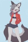  2023 absurd_res anthro b-epon blue_background blush bottomwear canid canid_demon clothing collar demon digital_media_(artwork) female fluffy fluffy_tail fur hellhound helluva_boss hi_res loona_(helluva_boss) mammal midriff red_sclera shorts simple_background solo spiked_collar spikes standing tail 