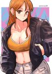  1girl alternate_costume aosora2823 asymmetrical_hair black_jacket blush bra breasts cleavage closed_mouth commentary contemporary cowboy_shot double-parted_bangs earrings eyelashes hand_in_pocket highres jacket jewelry large_breasts long_hair looking_at_viewer nami_(one_piece) navel one_piece open_clothes open_jacket orange_bra orange_eyes orange_hair pants solo sports_bra standing stomach twitter_username underwear white_pants 