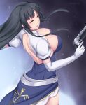  1girl back back_cutout belt black_hair blunt_bangs breasts closed_eyes clothing_cutout dress elbow_gloves gloves gun highres hime_cut holding holding_weapon kaguya_(under_night_in-birth) large_breasts long_hair looking_back multiple_belts open_mouth solo soukitsu twitter_username under_night_in-birth under_night_in-birth_2_sys:celes very_long_hair weapon white_gloves 