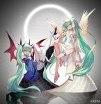  2girls angel angel_wings bare_shoulders breasts demon_girl demon_wings detached_sleeves dress dual_persona fang full_body green_hair hair_between_eyes hatsune_miku high_heels highres lack long_hair looking_at_viewer multiple_girls official_art open_mouth pantyhose skin_fang small_breasts thigh_strap tongue twintails very_long_hair vocaloid wings yellow_eyes 