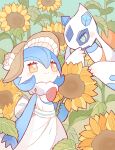  alternate_color bibi_(kano2541293757) blush_stickers closed_mouth clothed_pokemon commentary eye_contact eyelashes flower froslass gardevoir hat highres looking_at_another orange_eyes pokemon shiny_pokemon smile sunflower 