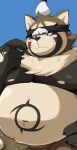  accessory anthro belly belly_tattoo blush brown_body brown_fur canid canine eyebrows fur genitals headband lifewonders live_a_hero male mammal navel nipples nude overweight penis penis_base raccoon_dog shoen solo spunkerart tanuki tattoo thick_eyebrows 