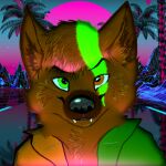 anthro brown_body brown_eyes brown_fur canid canine canis chest_tuft clothing eyebrows fangs fur fur_markings green_eyes headshot_portrait heterochromia hi_res inner_ear_fluff jacket male mammal markings multicolored_body multicolored_fur plant portrait raised_eyebrow scar smile solo synthwave teeth topwear tree tuft two_tone_body two_tone_fur w0lfb3at5 w0lfb3at5_(artist) wolf 