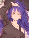  1girl bare_shoulders beer_can black_shirt blue_eyes breasts can collarbone fate/grand_order fate_(series) glaring highres large_breasts long_hair long_sleeves looking_at_viewer lying martha_(fate) mitsurugi_sugar off_shoulder on_back purple_hair shirt solo translation_request 