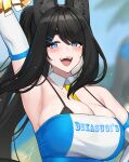 1girl :d animal_ear_fluff animal_ears arm_up armpits between_breasts bikini bikini_under_clothes black-haired_fox_girl_(hayabusa) black_hair blue_eyes blurry blurry_background breasts cleavage clothes_writing commentary_request detached_collar elbow_gloves gloves hayabusa highres large_breasts long_hair looking_at_viewer necktie necktie_between_breasts open_mouth original paid_reward_available smile solo strapless swimsuit thick_eyebrows tube_top upper_body very_long_hair white_gloves yellow_necktie 