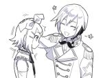  1boy 1girl 25-ji_rin bow buttons closed_eyes detached_sleeves greyscale hair_bow hair_ornament hairclip headphones headset highres isono_skyk jacket kagamine_rin kaito_(vocaloid) microphone monochrome neck_ribbon open_mouth petting project_sekai ribbon short_hair simple_background smile upper_body vocaloid wing_collar wonderlands_x_showtime_kaito 