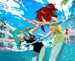  1boy 3girls ahoge aqua_hair armpits arms_up black_one-piece_swimsuit blonde_hair bracelet breasts day eyelashes feet_out_of_frame frilled_one-piece_swimsuit frills green_eyes hair_bun hair_up highres hipa_(some1else45) horns jewelry long_hair looking_at_another medium_breasts multiple_girls nahia_(some1else45) one-piece_swimsuit open_mouth original outdoors palm_tree parted_bangs partially_submerged pool red_hair red_one-piece_swimsuit sekoshi_(some1else45) short_hair small_breasts some1else45 stretching sweatdrop swimsuit thick_eyebrows thighs tree water yellow_one-piece_swimsuit 