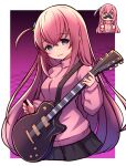  1girl blue_eyes bocchi_the_rock! cube_hair_ornament electric_guitar gibson_les_paul gotou_hitori guitar hair_ornament highres holding holding_instrument holding_plectrum instrument jacket long_hair looking_at_viewer one_side_up pink_hair pink_jacket pink_track_suit pleated_skirt plectrum skirt track_jacket umenodo 