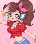  1990s_(style) 1girl absurdres artist_name ascot belt blizzard_(company) blue_pants blush bracelet breasts brown_eyes brown_hair chelly_(chellyko) cleavage cruiser_d.va d.va_(overwatch) denim earrings hairband headphones heart heart_background highres hoop_earrings jeans jewelry large_breasts long_hair looking_at_viewer midriff navel open_mouth overwatch pants pink_background plaid plaid_shirt ponytail puffy_sleeves red_shirt retro_artstyle salute shirt short_sleeves smile solo sparkle standing teeth tied_shirt watermark white_ascot white_belt 